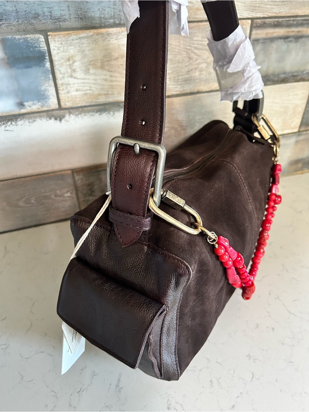 NWT Free People Suede Boxy Shoulder Bag in Espresso With Included Charm - Picture 12 of 16